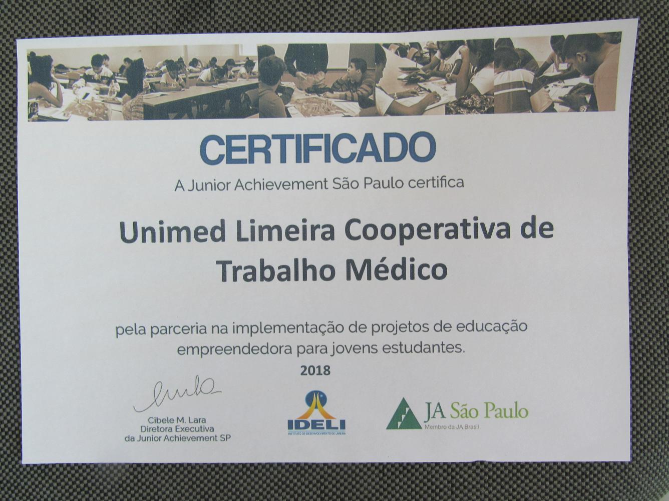 Unimed Limeira recebe certificaçãoIDELI/JuniorAchievement São Paulo