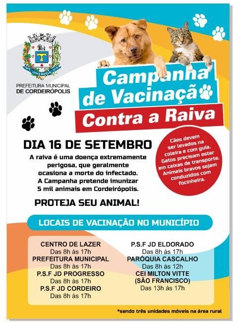 Campanha de vacinação antirrábica ocorrerá no dia 16 de setembro em vários pontos da cidade