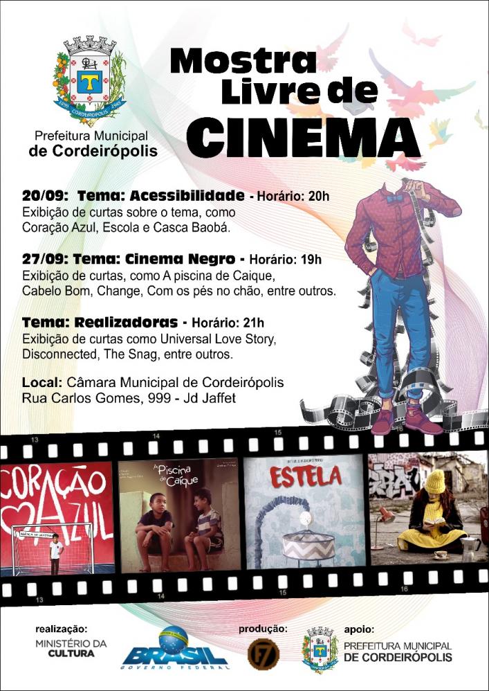 Cordeirópolis receberá mostra livre de cinema nos dias 20 e 27 de setembro