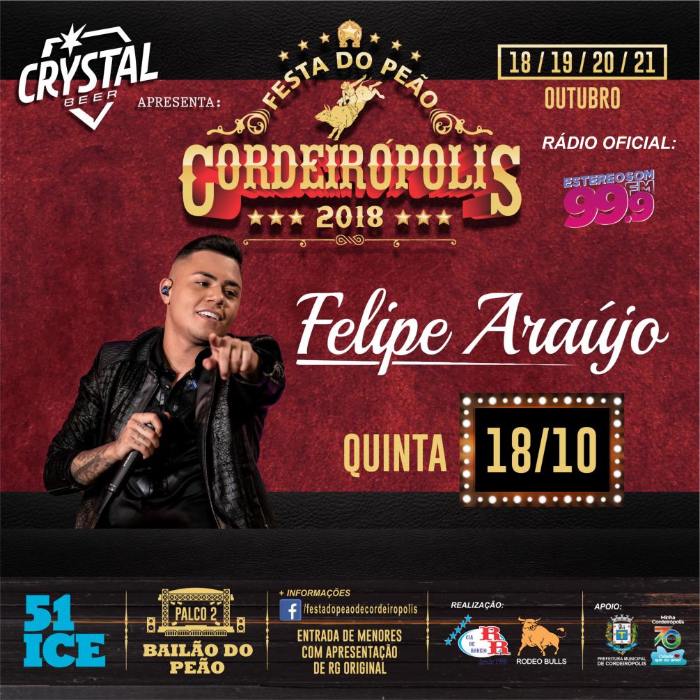 Felipe Araújo abrirá a primeira noite da Festa do Peão de Cordeirópolis 2018