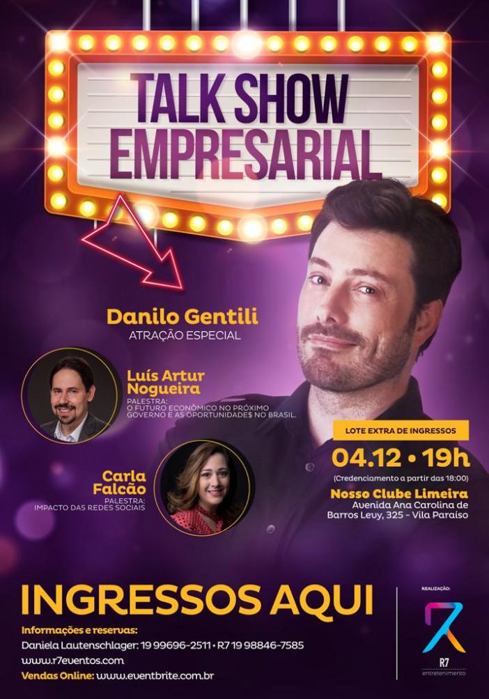 Limeira receberá Talk show Empresarial com Danilo Gentili em dezembro