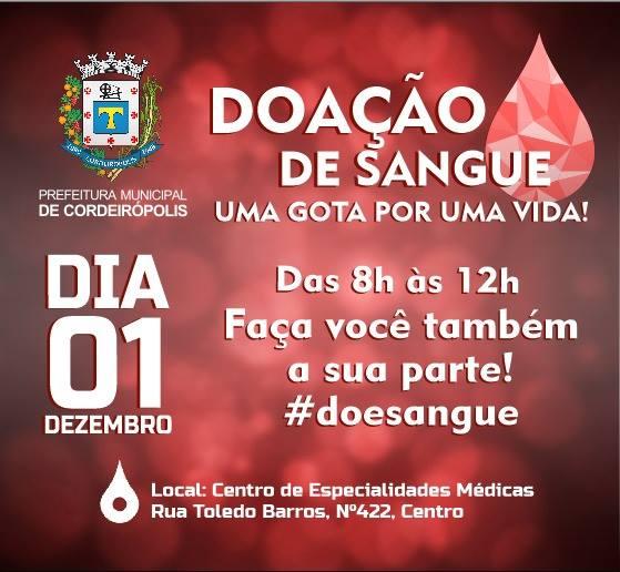 Cordeirópolis realizará no dia 01 de dezembro a última Campanha de Doação de Sangue de 2018