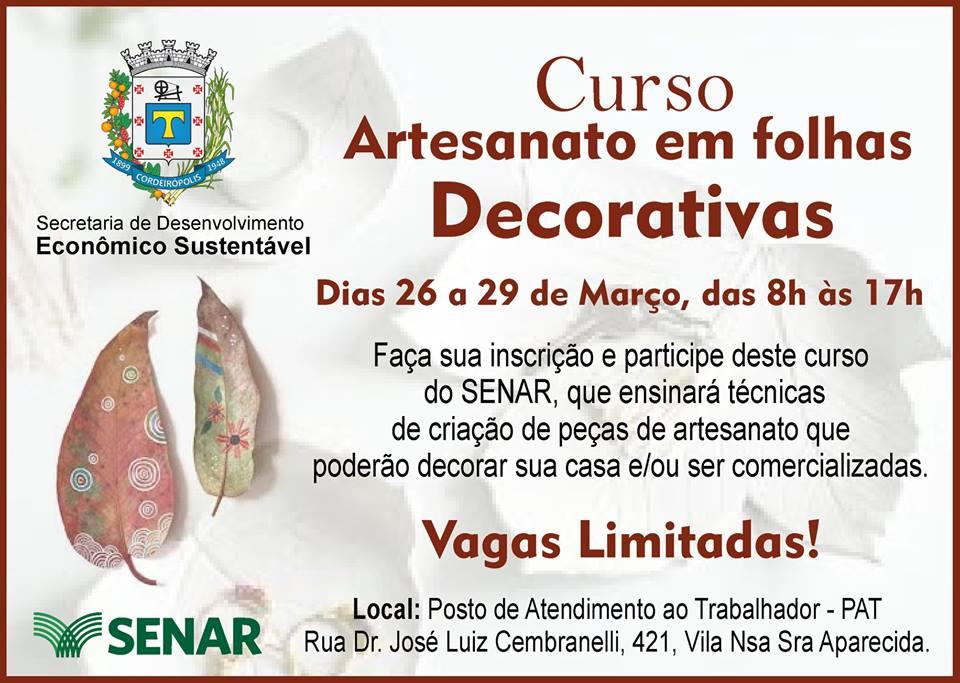 Inscrições para curso de Artesanato em Folhas Decorativas em Cordeirópolis