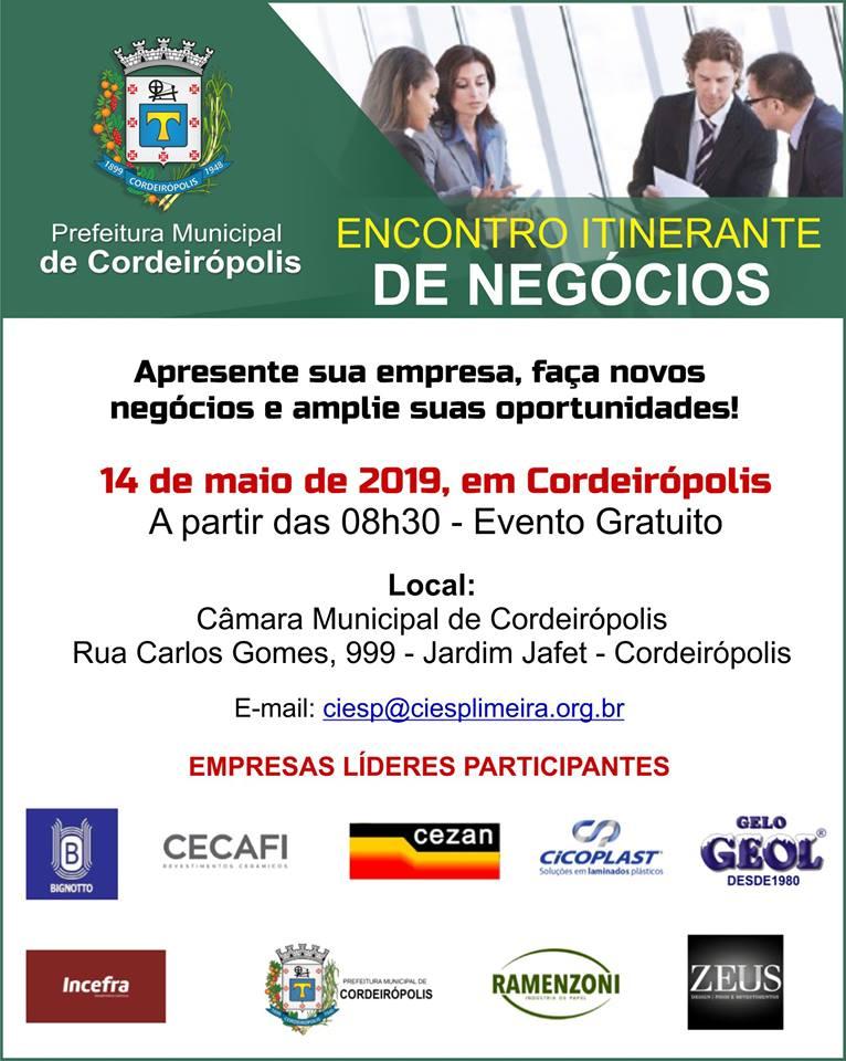 Encontro Itinerante de Negócios ocorrerá no dia 14 de maio em Cordeirópolis