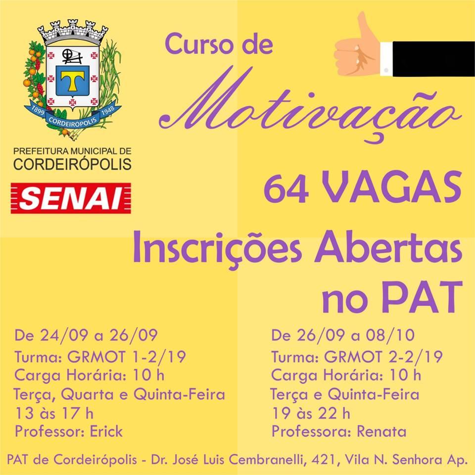 Prefeitura de Cordeirópolis e SENAI oferecem 64 vagas para curso gratuito de “Motivação”