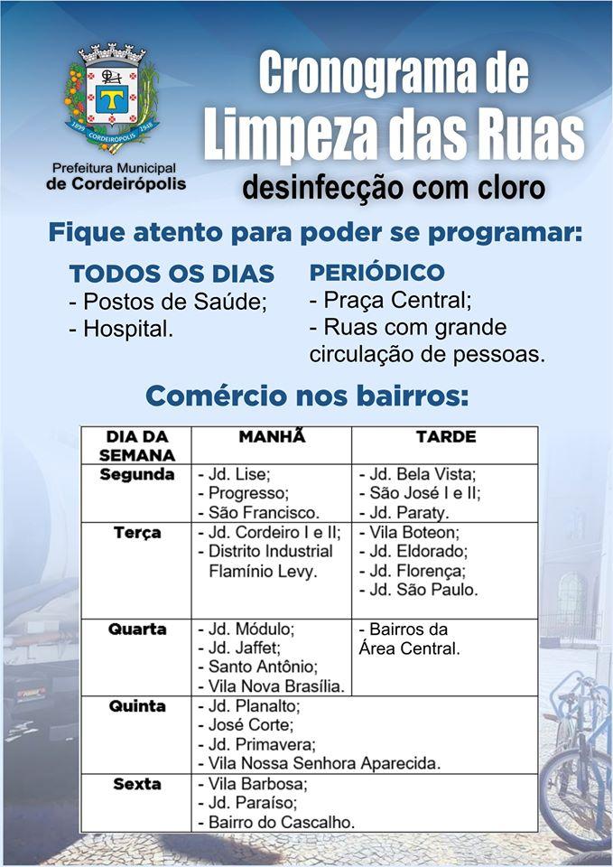 Prefeitura de Cordeirópolis divulga cronograma de desinfecção de ruas