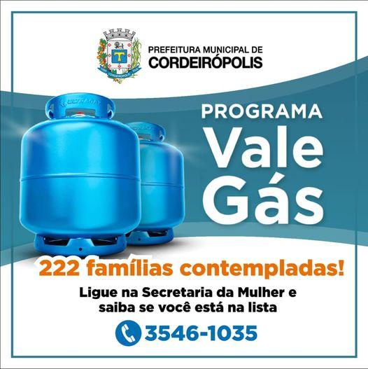 Famílias de baixa renda de Cordeirópolis vão receber vale gás