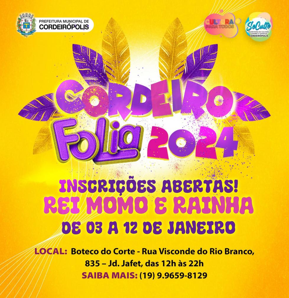 Inscrições abertas para Rei Momo e Rainha do Cordeiro Folia 2024