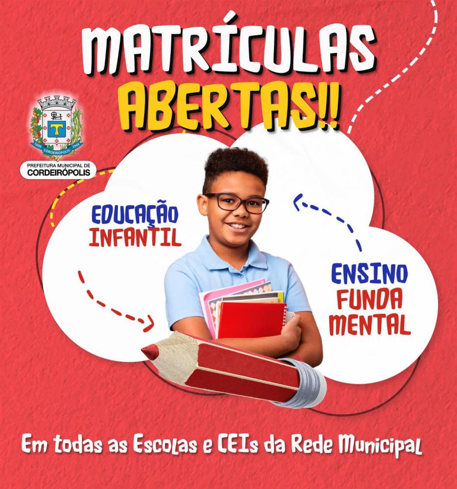 Novas matrículas para o Ensino Fundamental e Infantil estão abertas em Cordeirópolis